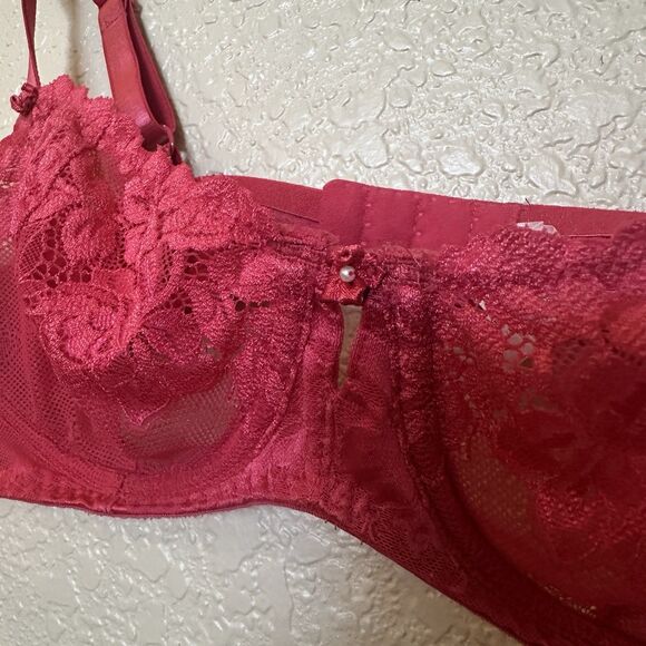 Victorias Secret 36B Unlined Demi Bra Solid Pink Floral Lace Underwire - Picture 2 of 5